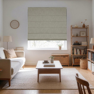 Store romain occultant en lin beige, sans perçage, 178 cm (L) x 183 cm (H), installation sans outils à l'intérieur de la pièce, double rail supérieur texturé lin pour fenêtres intérieures