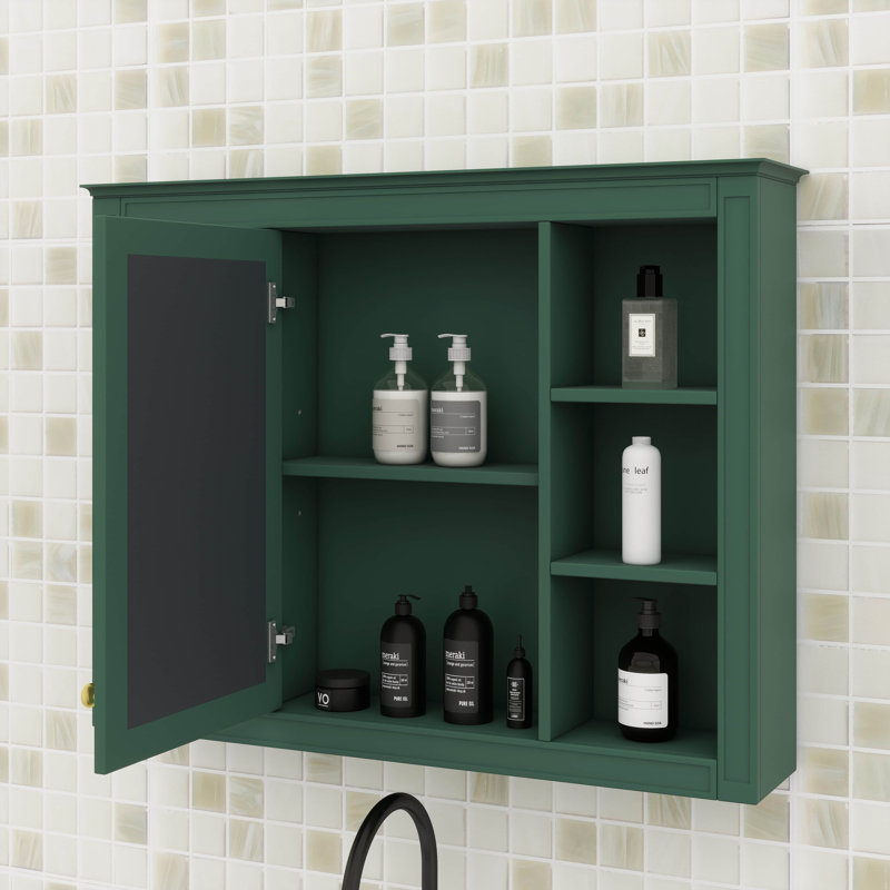 Armoire à pharmacie murale avec miroir, 6 tablettes ouvertes, Vert