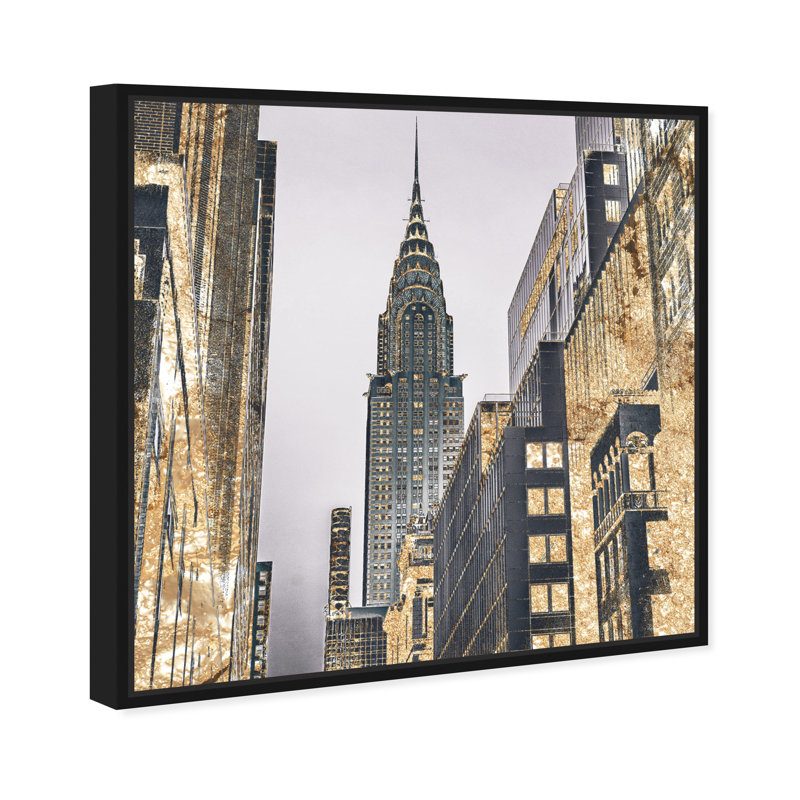 " The Golden City New York Skyscraper Modern Gold " by Oliver Gal, 30" H x 30" W x 1.75" D, Black Floater Framed