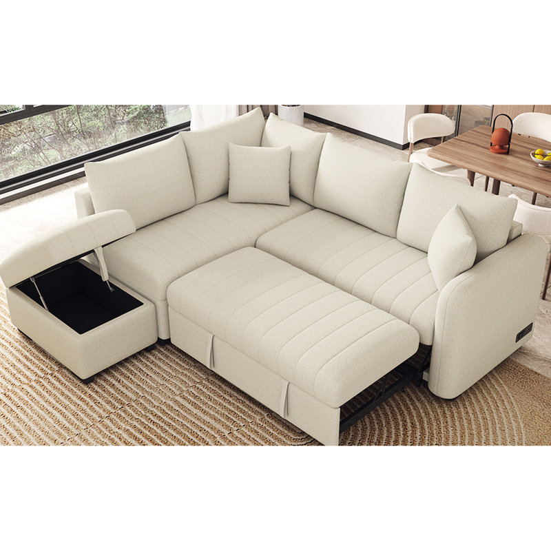 Beige Bed With Pull Out Design, Movable And & Power Sockets 82.6" L-shaped Sleeper , , Power, Decor