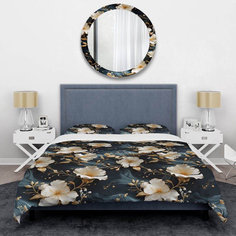 Literie en marbre doré à motif floral blanc, Housse de couette simple + 1 taie décorative stan