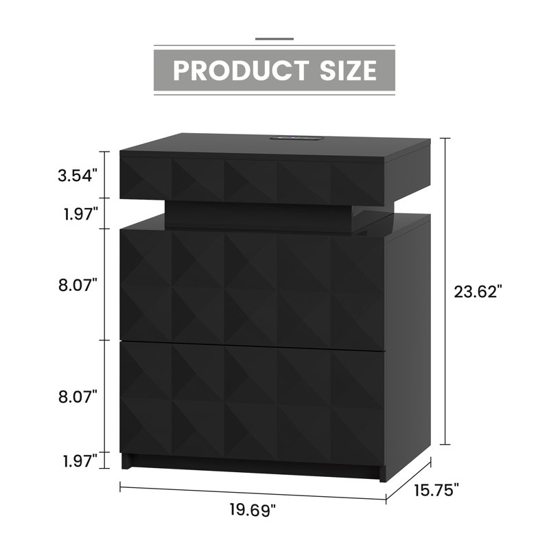 Ashten 19.7'' W - Modern Nightstand with 3 Diamond-Cut Drawers, Smart RGB Lighting & Charging Hub, Black