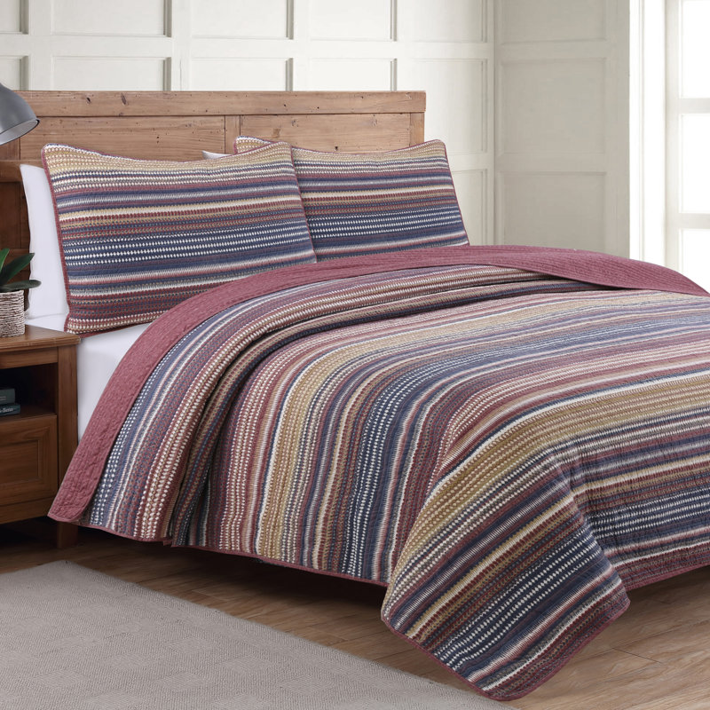 Berry and Butterscotch Striped Reversible Microfiber Quilt Set