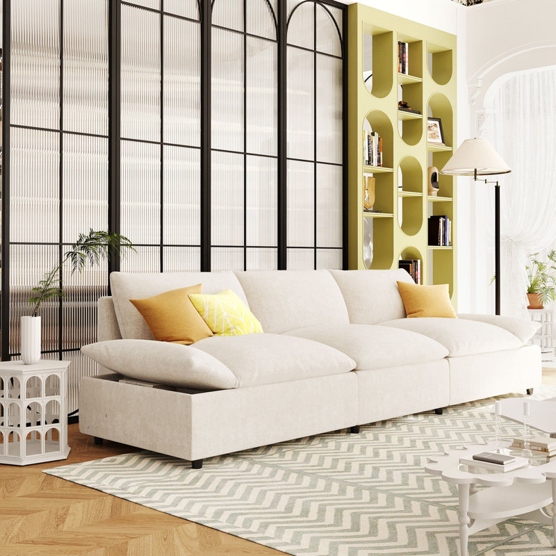  Canapé rembourré 3 places avec rangement, Beige