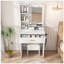 Table de coiffeuse compacte avec miroir, lumières DEL réglables, prise de courant, support pour sèche-cheveux et tabouret pour les petites chambres-129911234