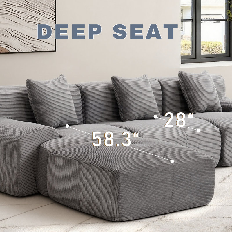 Canapé-lit modulaire convertible en velours côtelé 107 po avec repose-pieds 107 po, L 107 po, Gris foncé
