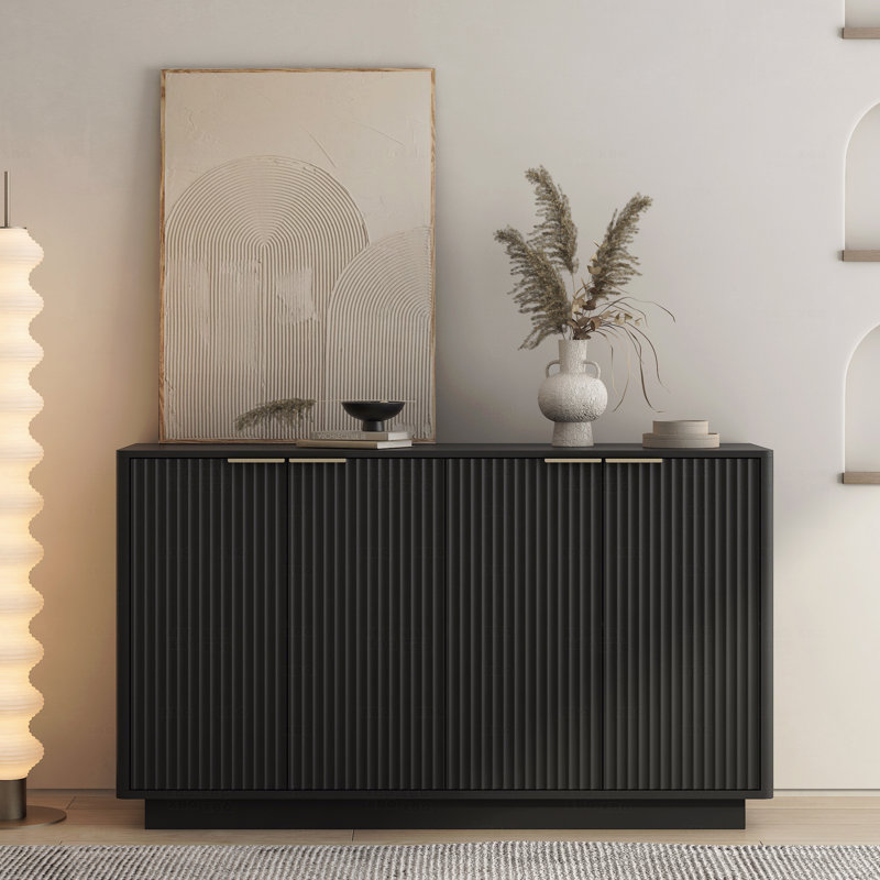 Buffet moderne noir cannelé avec tablettes réglables, console d'appoint, Noir