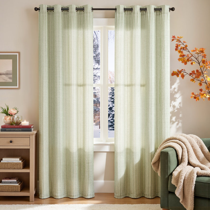 Grommet Linen Semi-Sheer Striped Curtains, Sage, 50" W x 84" L
