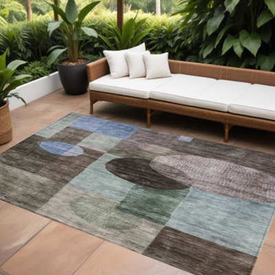 Tapis intérieur / extérieur géométrique lavable 8 pi x 10 pi brun et bleu