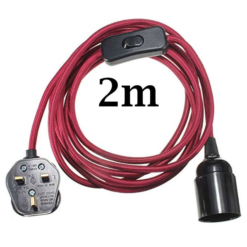 Ceiling Pendant Fitting, E27 Lamp Holder 2M Plug In Pendant Light Cord, Fabric Cable 3 Pin Plug In With On/Off Switch Lighting Kit