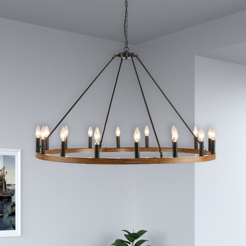 Mendy 16 - Light Dimmable Wagon Wheel Chandelier, Weathered Walnut/Matte Black