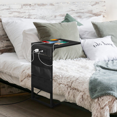 2 - Pack Ash Black C - Shaped Side Table with Storage Bag & Built - In Power Strip