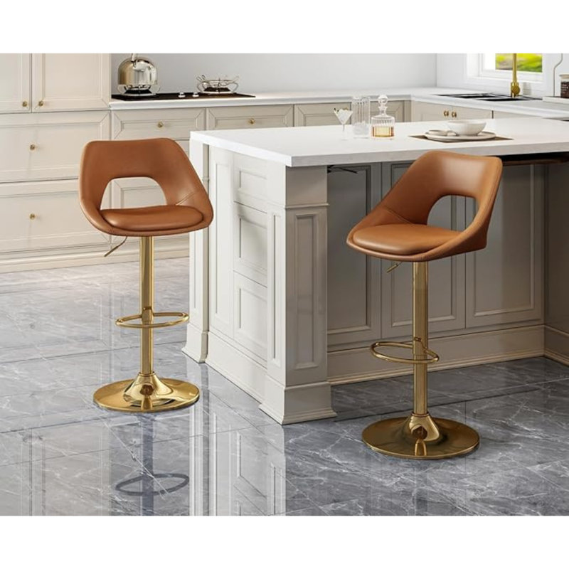 Upholstered PU Leather Bar Stools Modern Swivel Counter Stool with Hollow Backrest for Home Bar Kitchen