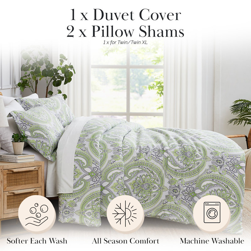 Ensemble de housse de couette réversible surdimensionnée avec deux taies décoratives Southeast Fine Linens Pure Melody, Vert