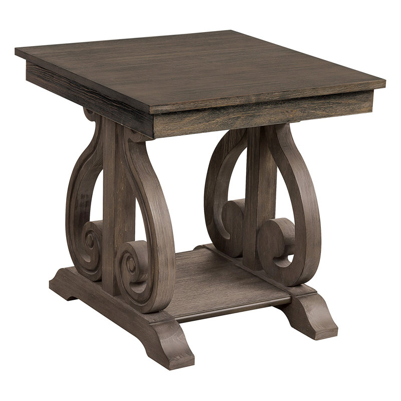Table de bout en chêne foncé avec base à volutes et tablette inférieure couleur bois classique supplémentaire