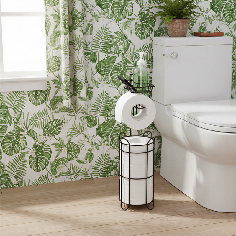 Porte-rouleau de papier hygiénique brun autoportant avec tablette et panier de rangement, porte-papier hygiénique