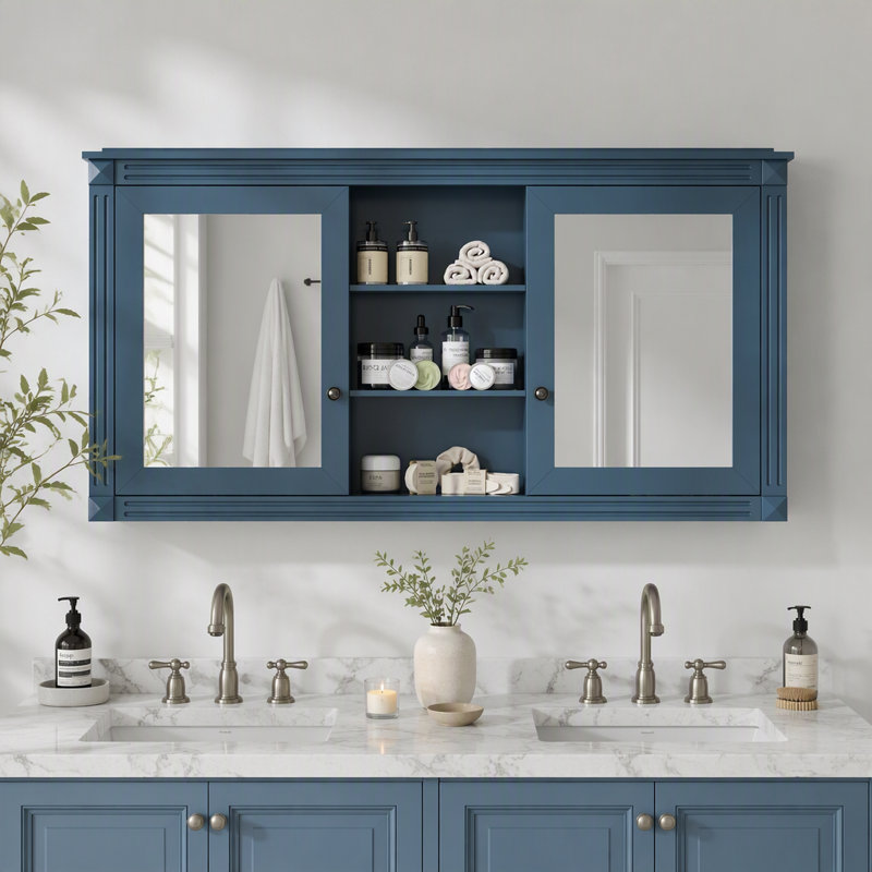 Armoire à miroirs haute définition 2 en 1 de 55 pouces à fixation murale avec étagères réglables et charnières à fermeture en douceur