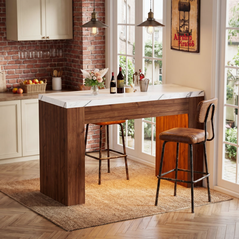 Table de bar longue de 55,1 po avec lumières à DEL RVB et plateau en faux marbre, table de pub à hauteur de comptoir avec sièges pour 4 personnes, îlot de cuisine moderne pour la salle à manger ou le bar à la maison