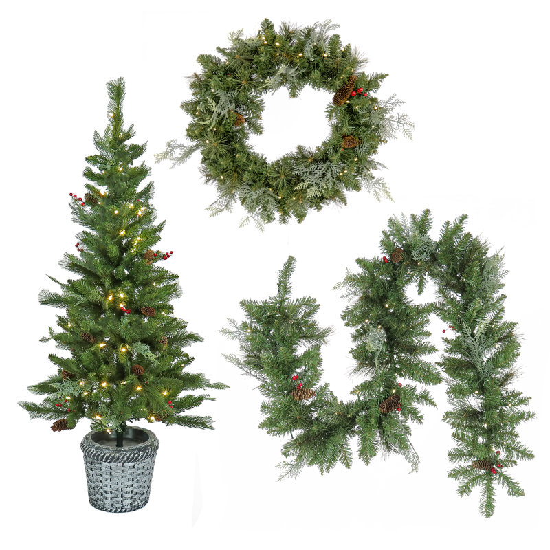 Feel Real Buzzard Pine Assortment- 5' Entrance Tree In Pot W/70 WW LED Lights & Caps- UL/CUL- 24" Wreath & 6' Garland With 100 WW Battery Operated LED Lights