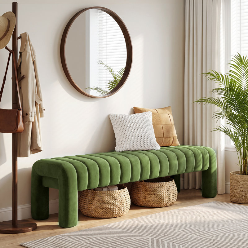 Oyan Modern Channel Tufted Backless Upholstered Bench, 17" H x 63" W x 17.3" D, Green Velvet