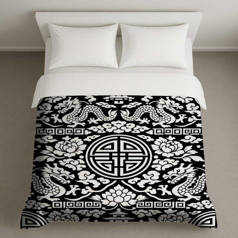 Housses de couette à motif de dragon noir et blanc, Très grand lit