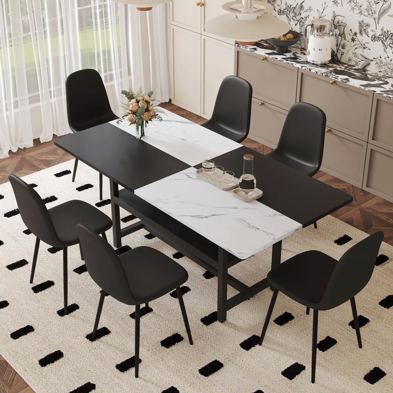 Rectangular Dining Table Set For 6, 71" Farmhouse Dining Table Set With 6 Upholstered Chairs And Storage Shelf, Marble Grain Tabletop With Metal Frame, Black/White Split-Colour
