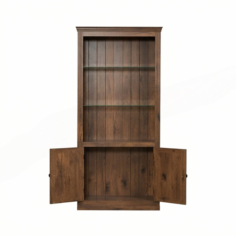 Bibliothèque à 3 niveaux avec plafonnier à DEL, bibliothèque de ferme autoportante avec tablettes en verre réglables