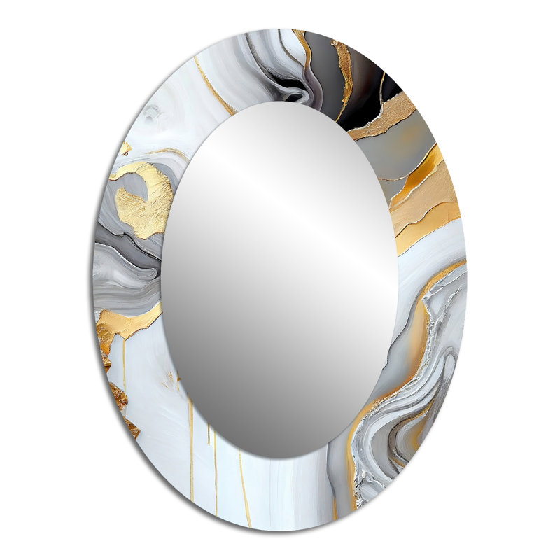 White And Gold Marble Abstract II - Large Oval Wall Mirror On Metal, 40" x 30"