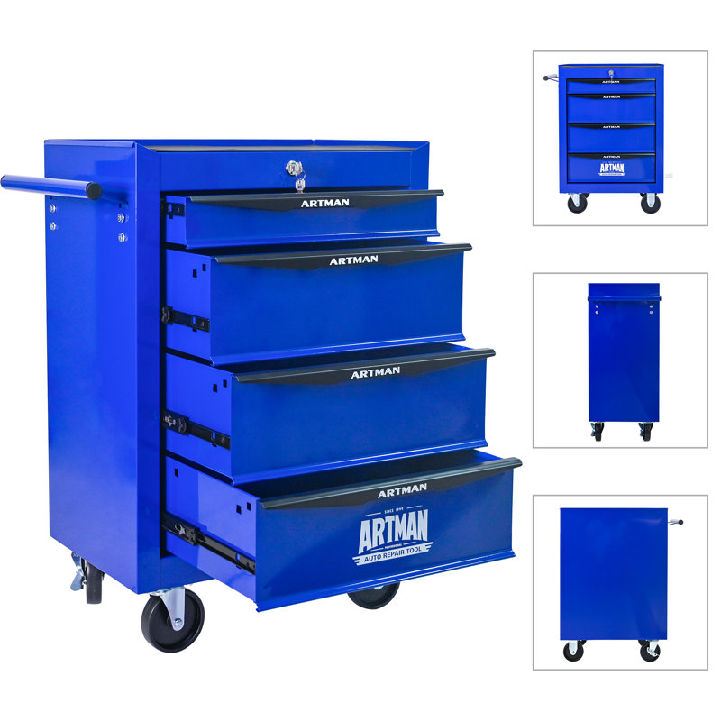 Coffre à outils roulant en métal avec 4 tiroirs, armoire à outils à 4 tiroirs de 20 po avec glissières à roulement à billes, coffre à outils en acier
