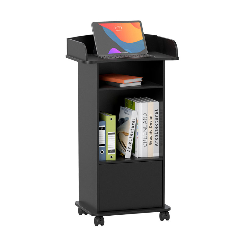 Ergonomic Standing Desk Podium, Mobile Lectern with File Storage, Locking Casters, Pen Slot, Black