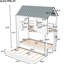 Twin Size House - Style Bunk Bed With Trundle, Roof And Windows, White + Grey, Easy Assembly For Bedroom Decor Home