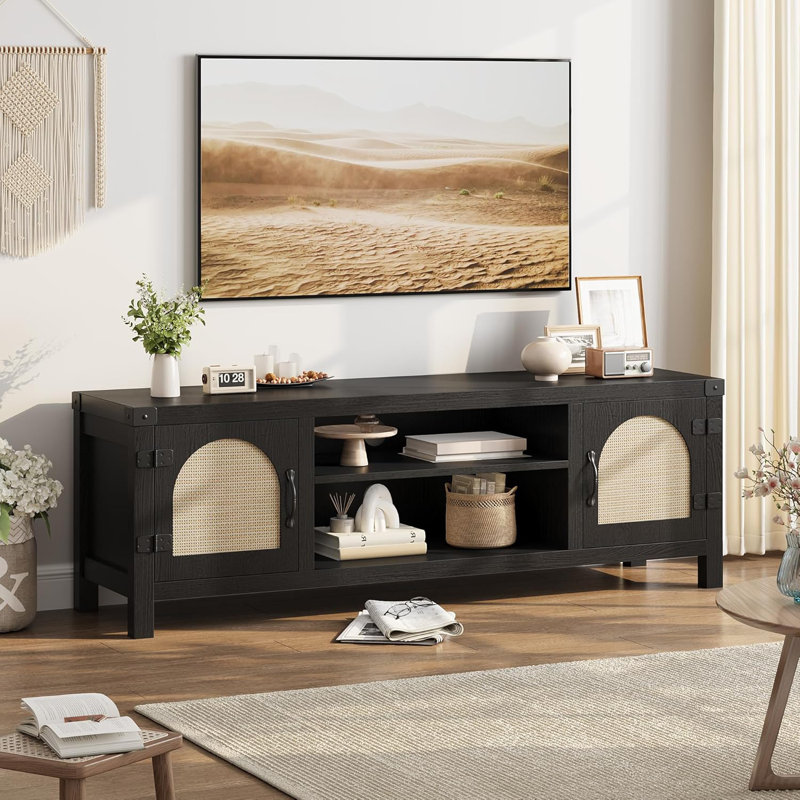 Meuble télé 59 po avec portes en rotin, tablettes réglables et rangement ouvert 59 po - Console média moderne Mid-Century pour téléviseurs de 40 à 65 po