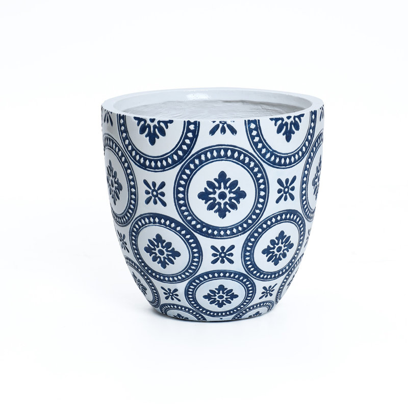 Blue and White Flower Pattern Round Tapered Tall Mgo Planter, Indoor and Outdoor, 9.4" H x 9.8" W x 9.8" D
