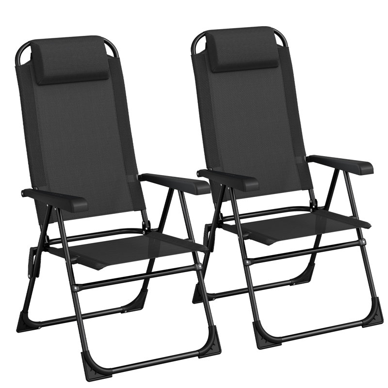 Folding Patio Chairs Set Of 2, Outdoor Lawn Chair, 5 Level Adjustable Teslin Back, Removable Headrest, Ergonomic Armrest, Foot Pad, All Weather For Camping, Garden, Pool, Yard, 300Lbs(Black)