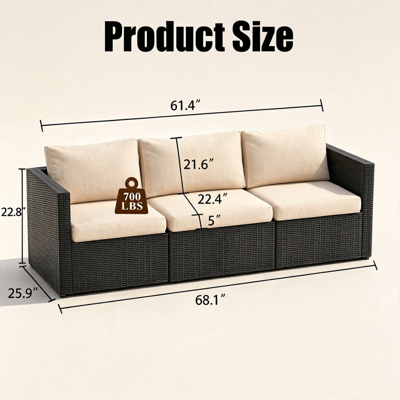 Canapé 3 places en résine tressée PE pour terrasse, résistant aux intempéries, avec coussins imperméables et pieds réglables, mobilier spacieux pour jardin, véranda, terrasse, beige