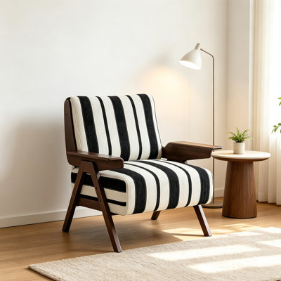 Fauteuil d'appoint rayé en tissu de 83,5 cm de large, chaise de lecture rembourrée avec accoudoirs élargis en chêne massif et pieds en bois, rembourrage en mousse haute densité pour salon, chambre ou bureau, rayures noires et blanches