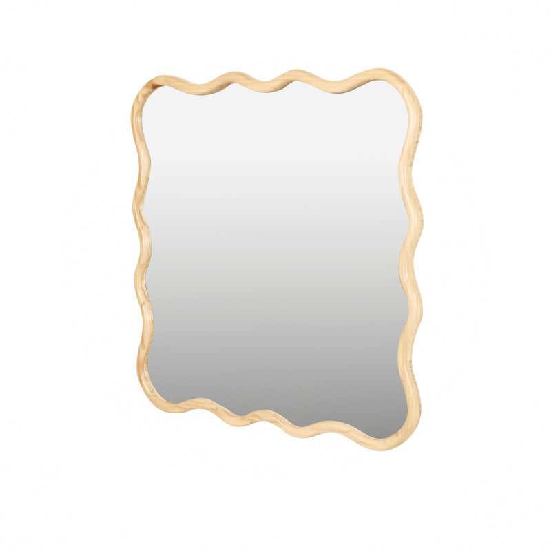 Solid Wood Wavy Mirror, Natural Wood, 35.8" H x 35.8" W, Square