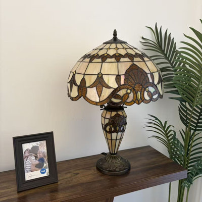 Simonson Tiffany Table Lamp Stained Glass Shade And Base Baroque Style Lavender LED Bulbs
