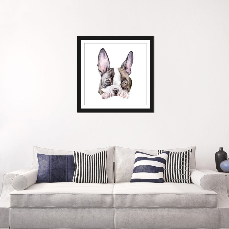 «Winking Boston Terrier» par Wandering Laur - reproduction sur toile tendue sur châssis, H 16 po x l 16 po x P 1 po, Blanc