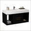 Meuble-lavabo de salle de bain avec lavabo en céramique, conception flottante, armoire de rangement murale avec tiroirs et espaces, style moderne avec poignées en métal