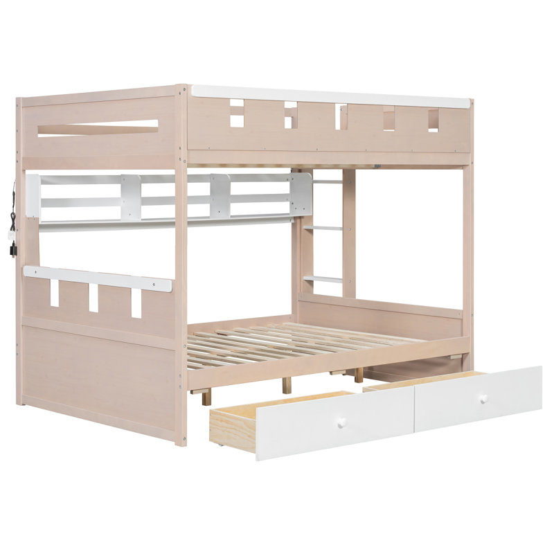 Lit superposé double pleine grandeur de style château avec 2 tiroirs, tablette et DEL, blanc