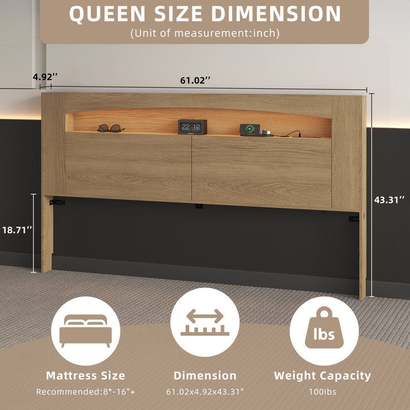 Queen Headboard, Storage, RGB LED Lighting, USB & AC Charging Station, Recessed Baseboard – Modern Wood Bedroom Furniture