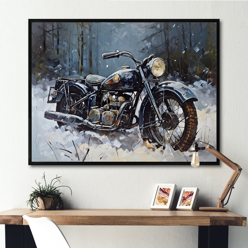 «War Rustic War Bike In Winter I», impressions d'art sur moto, Cadre flottant noir, 12" H x 20" W