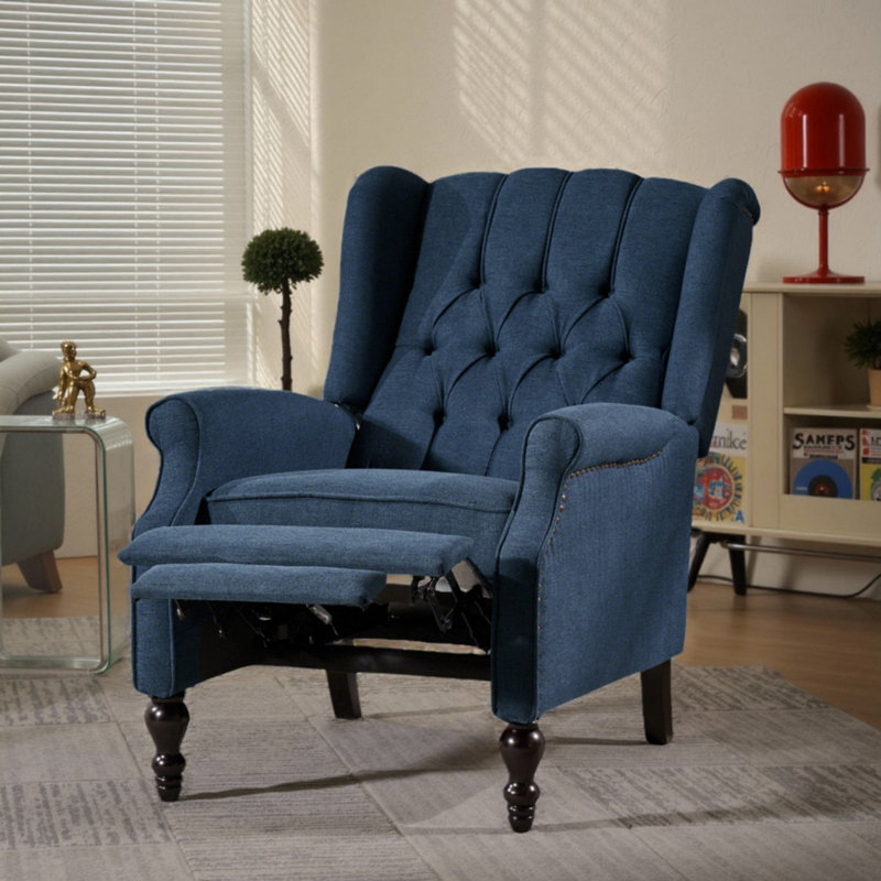 Alta Traditional 28.5" Wide Manual Wingback Recliner Chair with Button-Tufted Diamond Stitching, Dark Blue