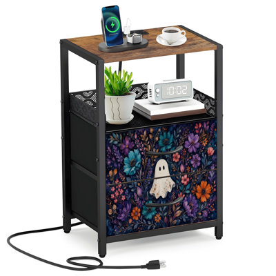 Table de chevet 2 tiroirs en tissu avec station de charge