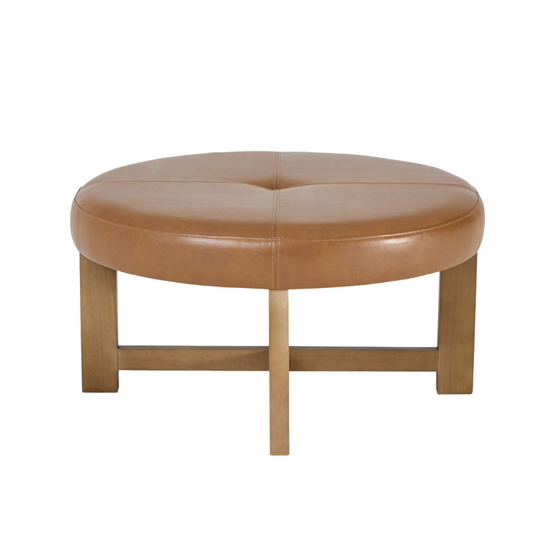 Linden Mid-Century Modern Faux Leather Round Ottoman Coffee Table With Solid Wood Cross-Base, Light Brown