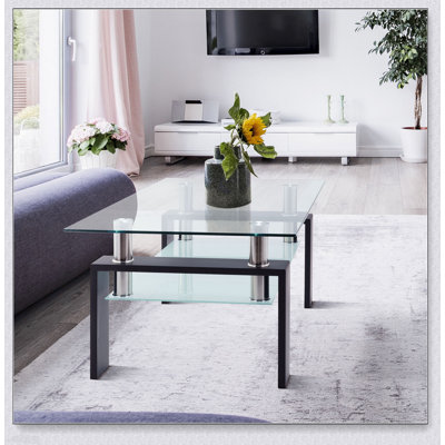 Table basse rectangulaire moderne en verre noir avec rangement double couche pour une utilisation polyvalente et un design élégant