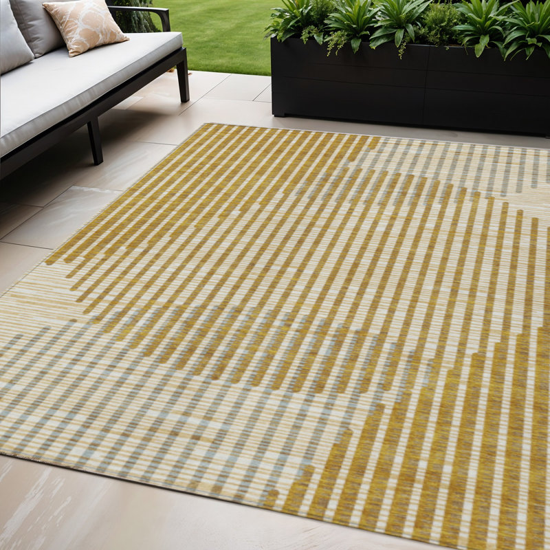 Tapis extérieur lavable à motif géométrique doré et beige 5 pi x 8 pi