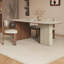 Beige-blanc + brun demi-cercle fritté pierre + solide + table de salle à manger en bois manufacturé-133256397