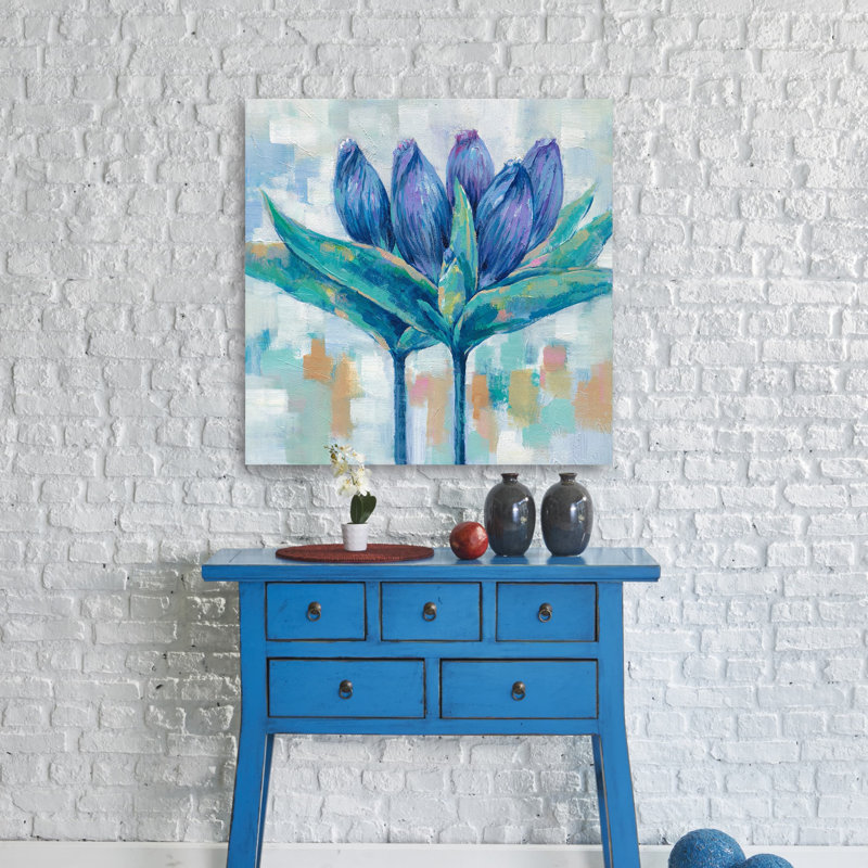«Two Slender Blue Lovebuds», peinture sur toile tendue, H 30 po x l 30 po x P 1,5 po